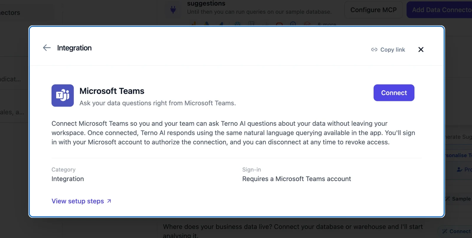 Microsoft Teams integration details with the Connect button