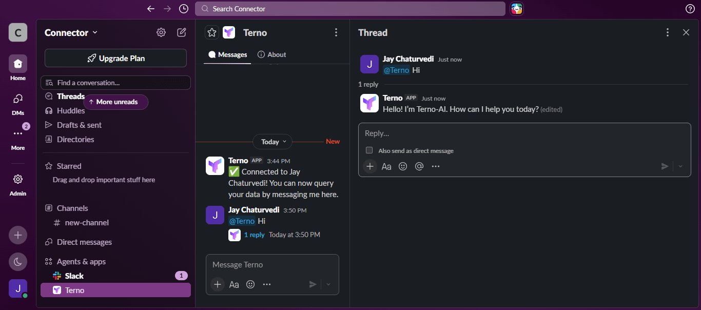 Slack thread showing a user messaging Terno AI and receiving a response